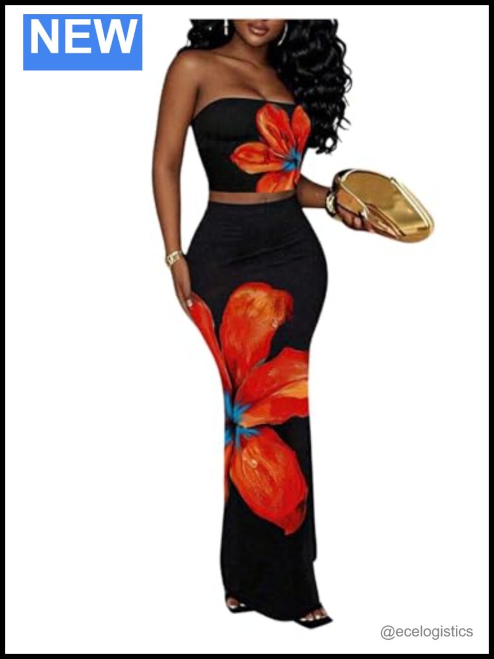 2 Piece Floral Tube Crop Top Bodycon Maxi Skirt Set Boho Beach Vacation